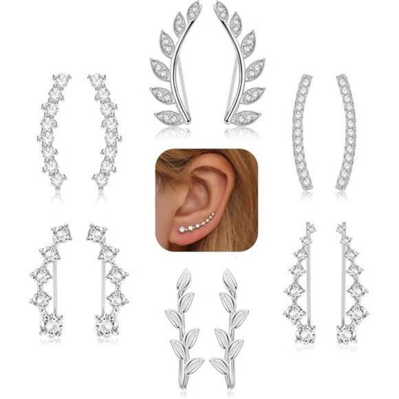 FINREZIO 6Pairs Ear Cuffs Climber Hoop Earring CZ Arrow Crawler Stud Earring - Picture 1 of 7